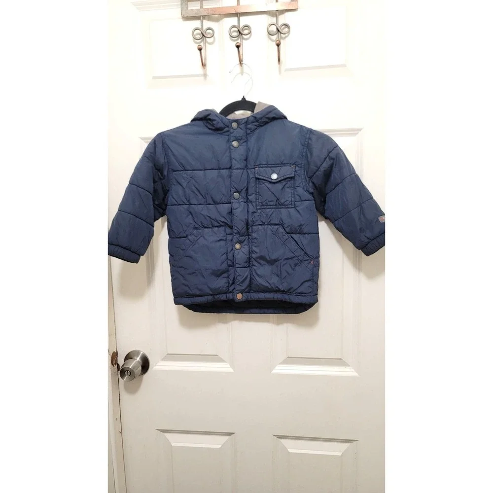 Gap Toddler Boys Navy Hooded Puffer Jacket With Front Pocket & Snap Closures Siz